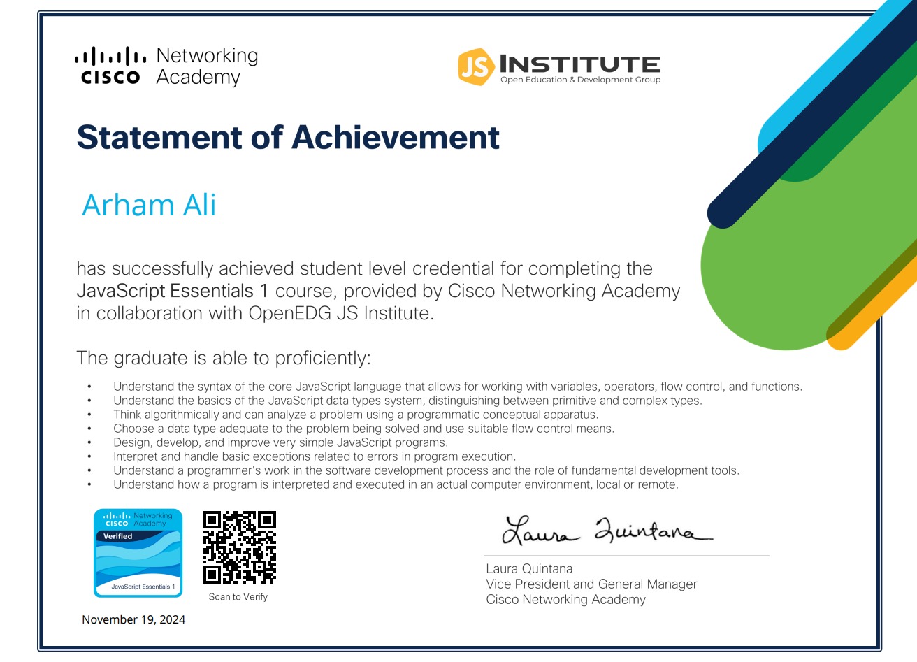 JavaScript Essentials 1 certificate